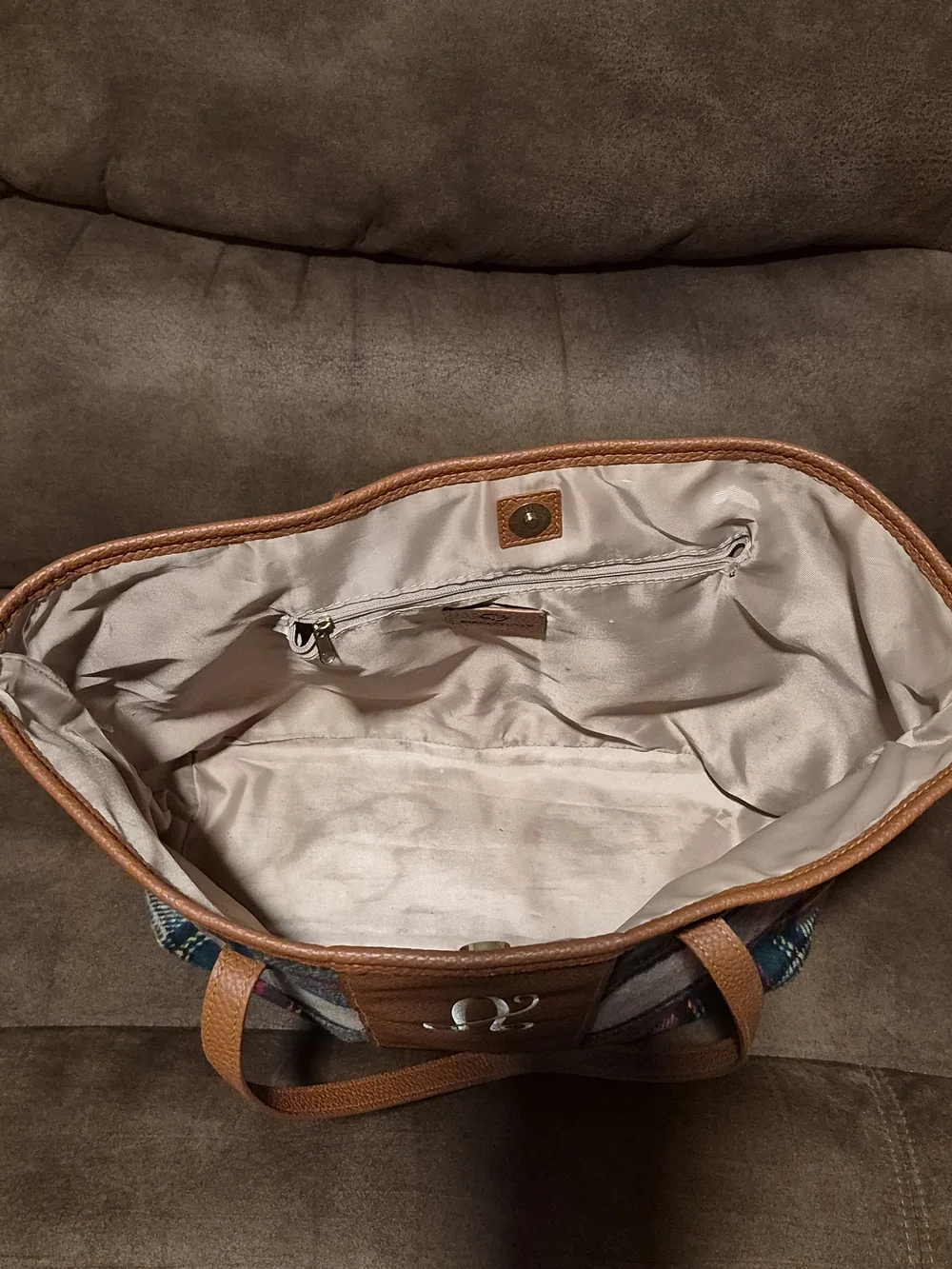 Plaid Tote with Brown Leather Center Panel and Monogram Accent